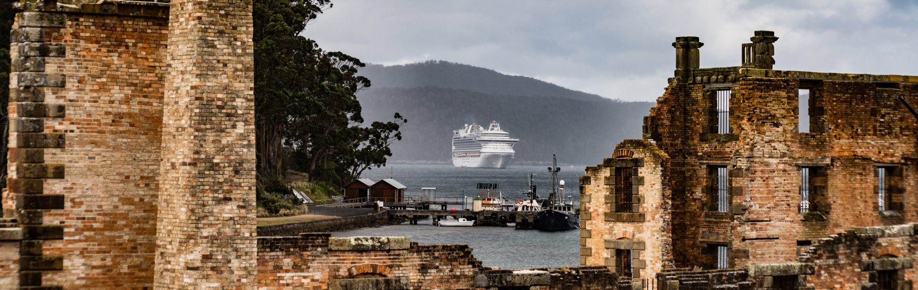 photograph of a cruise ship anchored in the bay at Port Arthur