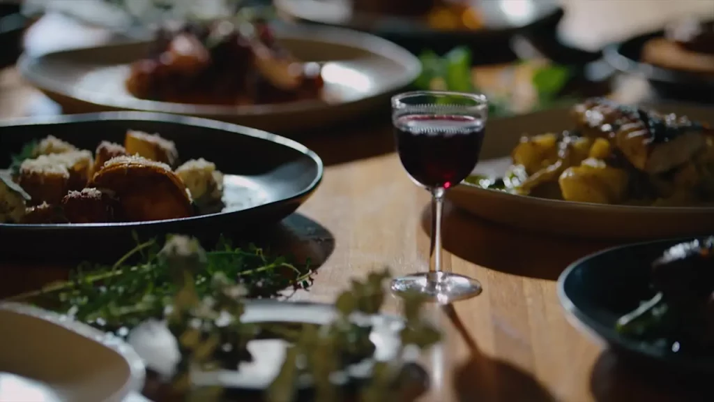 Close up of food and wine