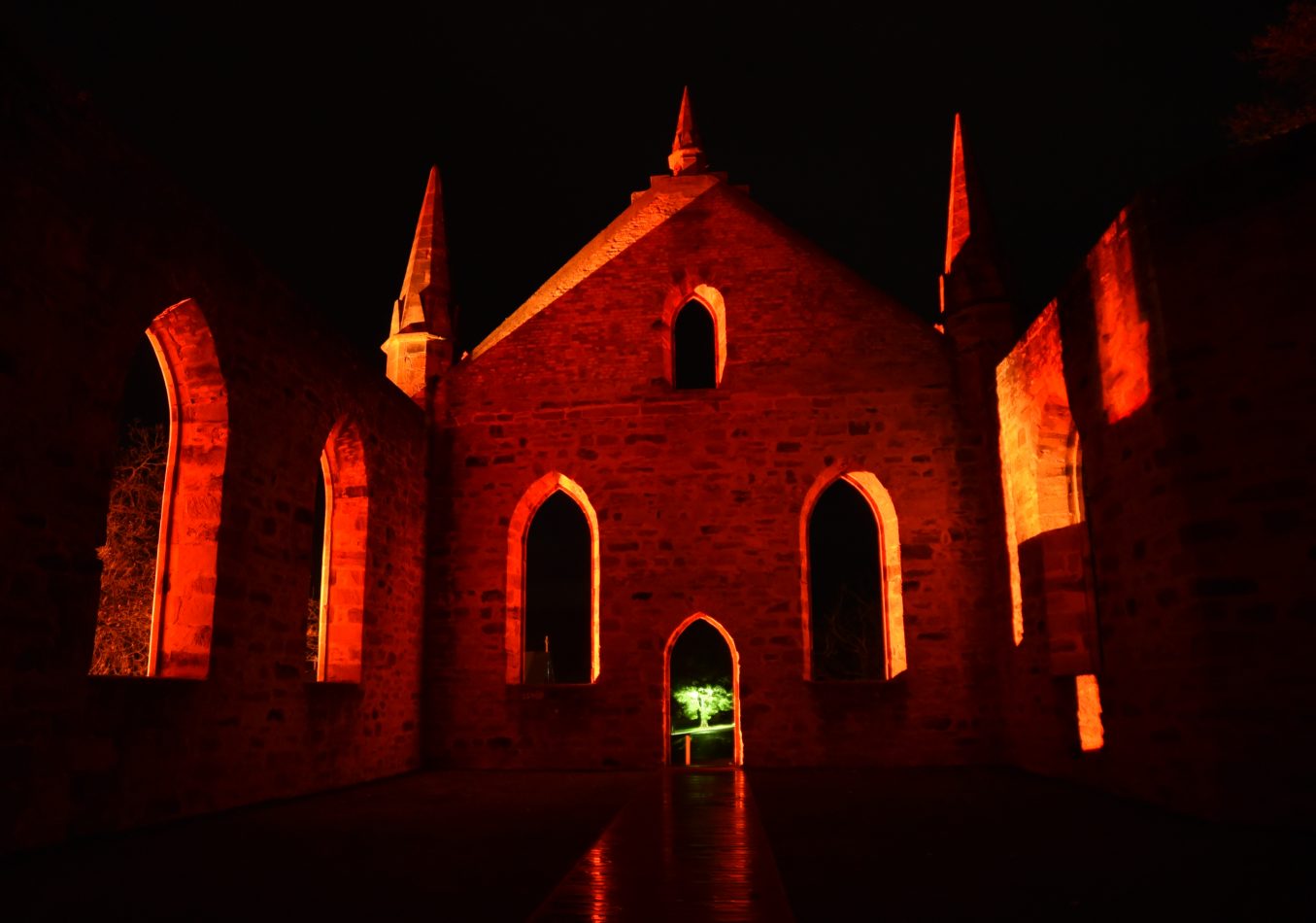 Port Arthur Convict Church lit by red light