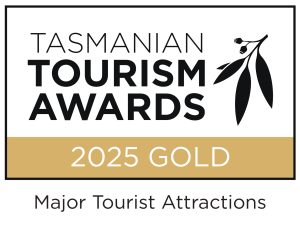 Tasmanian Tourism Awards 2025 Gold Major Tourist Attraction worded logo with silhouette of gum leaf